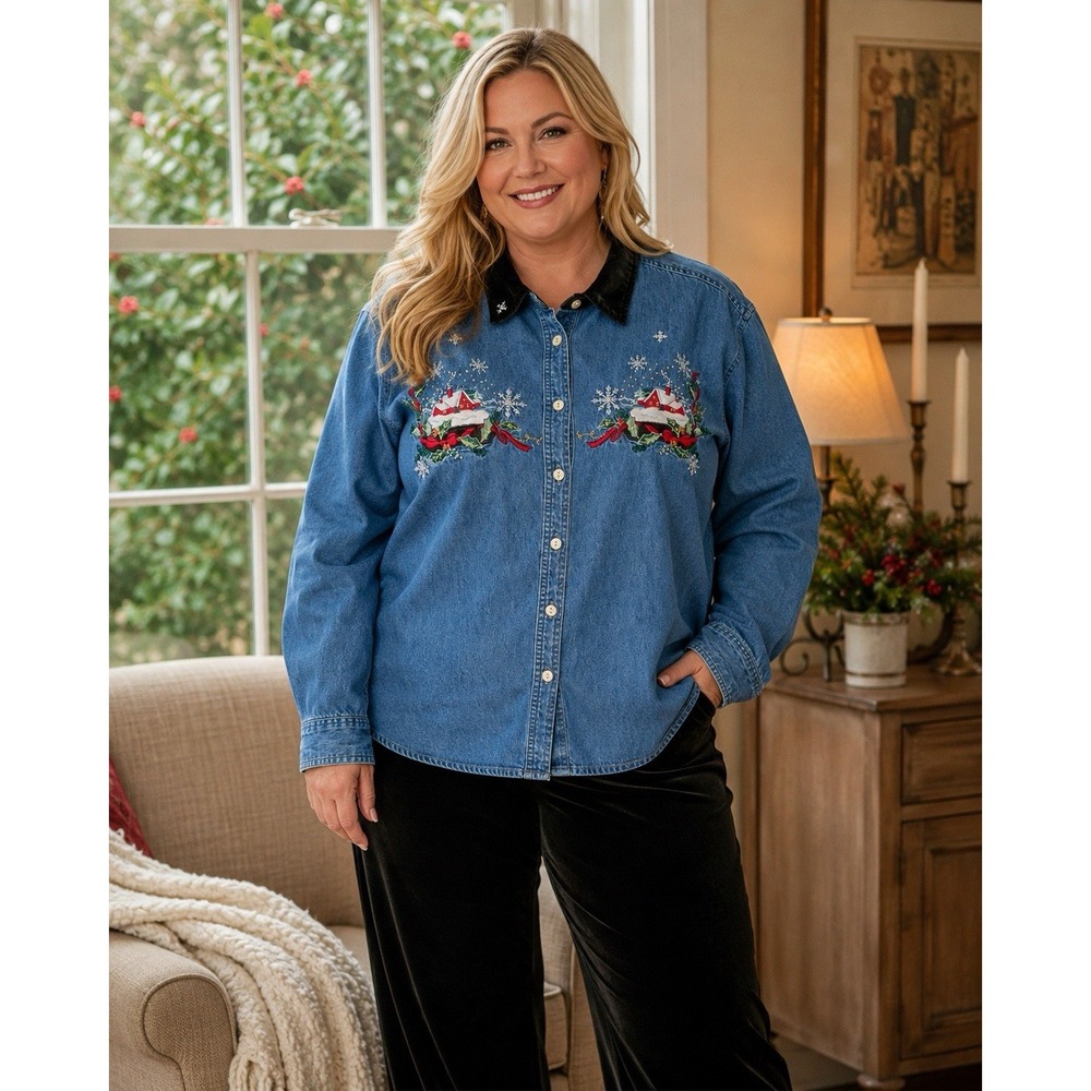Vintage Bobby Brooks Christmas Embroidered Denim Shirt 26W 28W